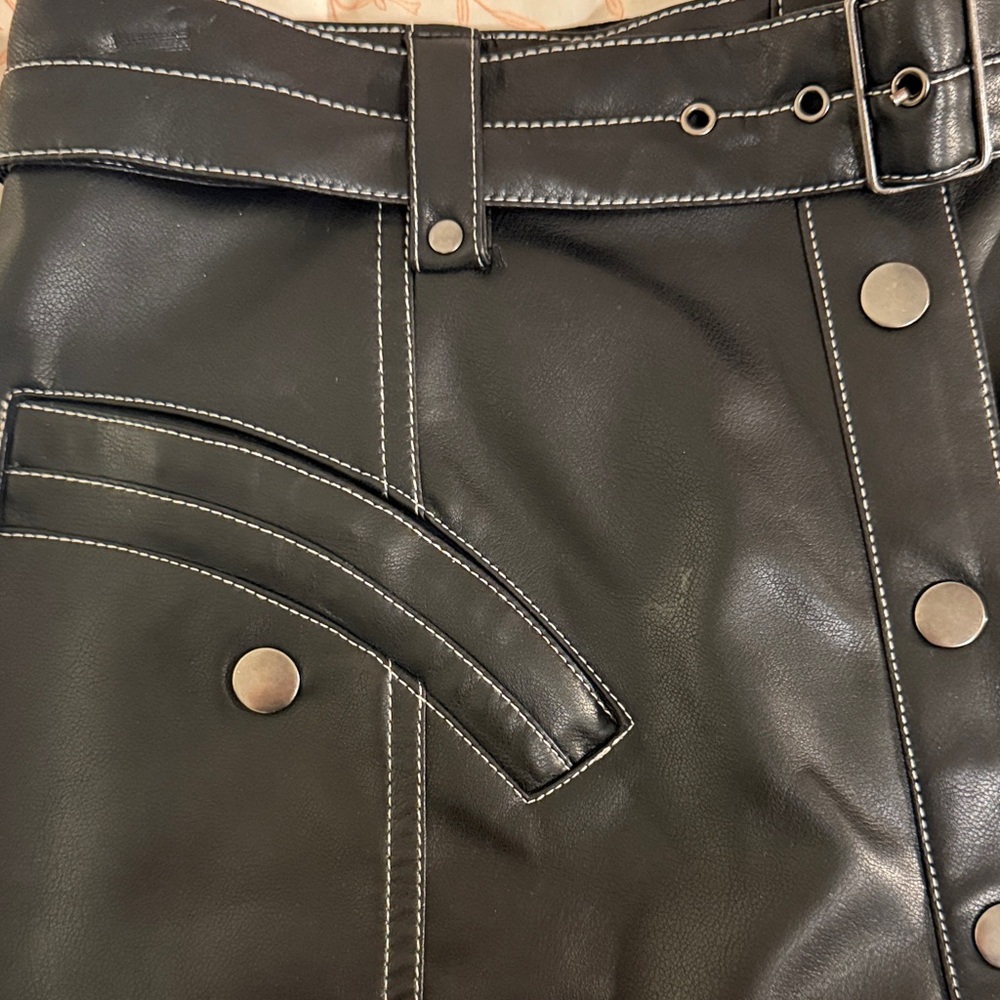Maeve Black Faux Leather Mini Skirt with Button Accents - Picture 2 of 7